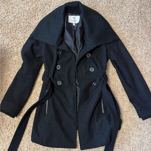 GUESS Black Double-Breasted Pea Coat with Wide Ribbed Collar